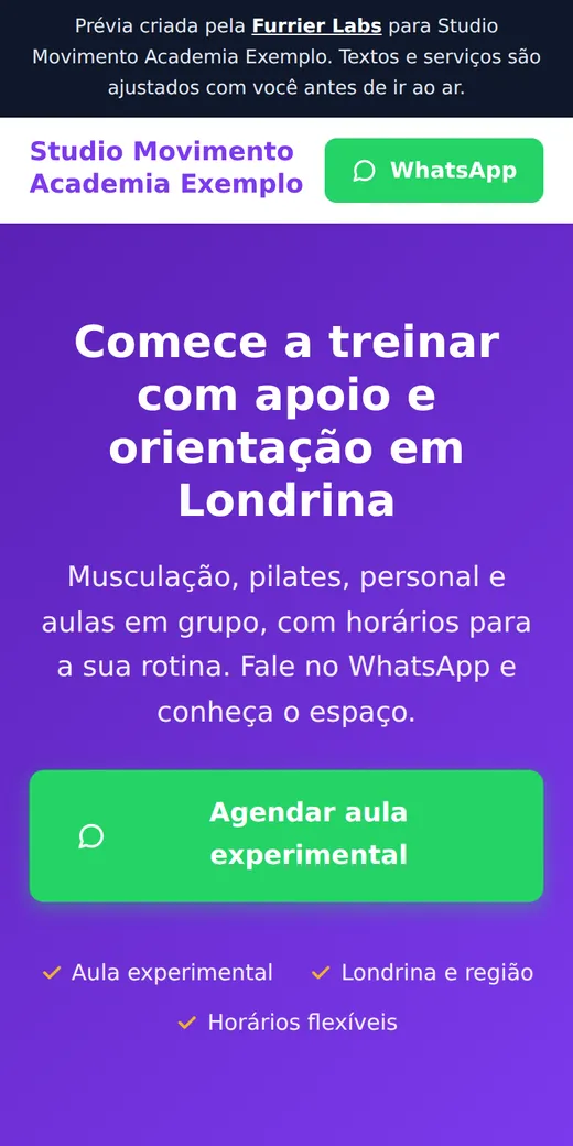 Prévia de site de uma academia fictícia, com chamada para agendar aula experimental pelo WhatsApp