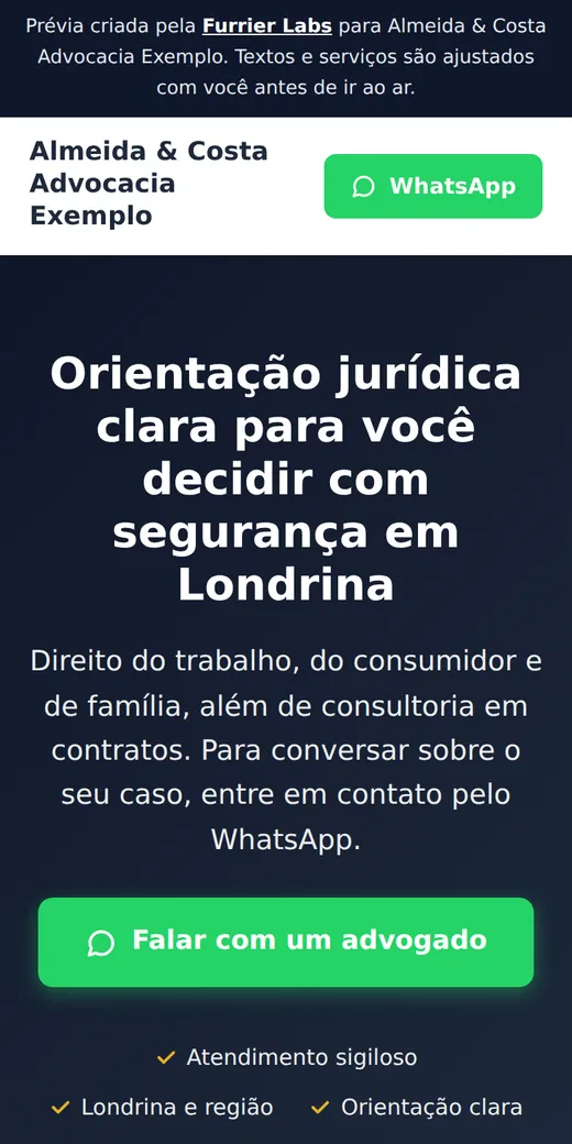 Prévia de site de um escritório de advocacia fictício, com chamada para falar com um advogado pelo WhatsApp